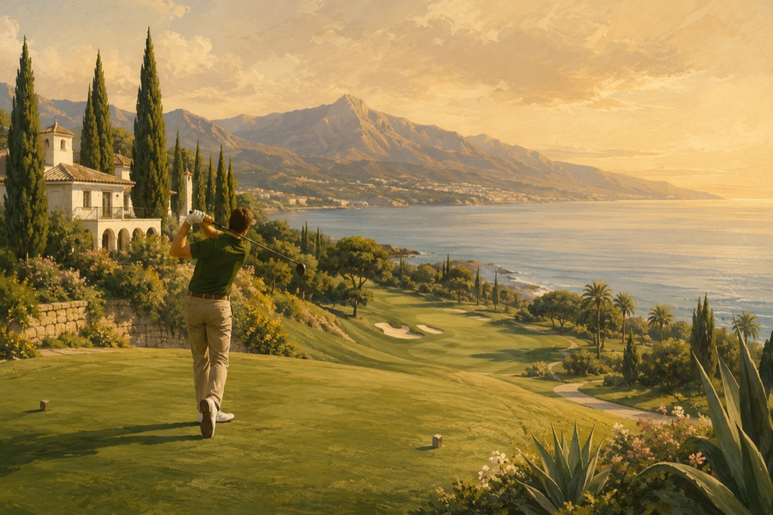 Golfista en un campo de golf de la Costa del Sol al atardecer